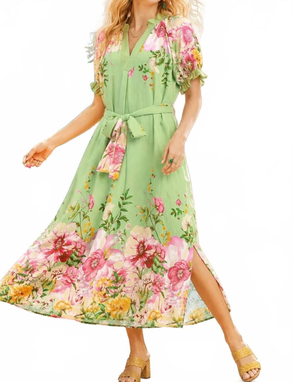 NEW UMGEE floral border print midi dress with tie belt in sage